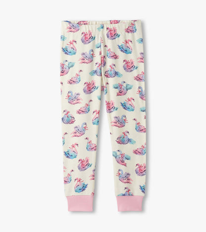 Cotton pajama pants featuring a pastel swan print on a cream background with pink cuffs. Ideal for sleepwear.