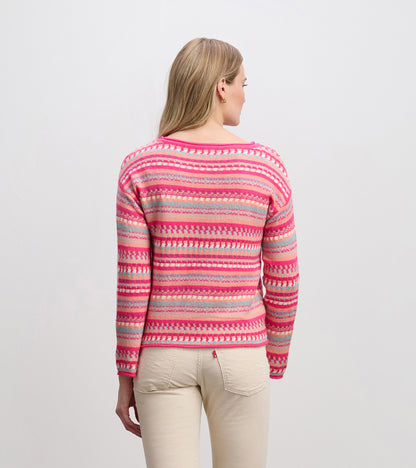 Colorful striped sweater featuring pink, red, and gray patterns, with a relaxed fit and round neckline, viewed from the back.