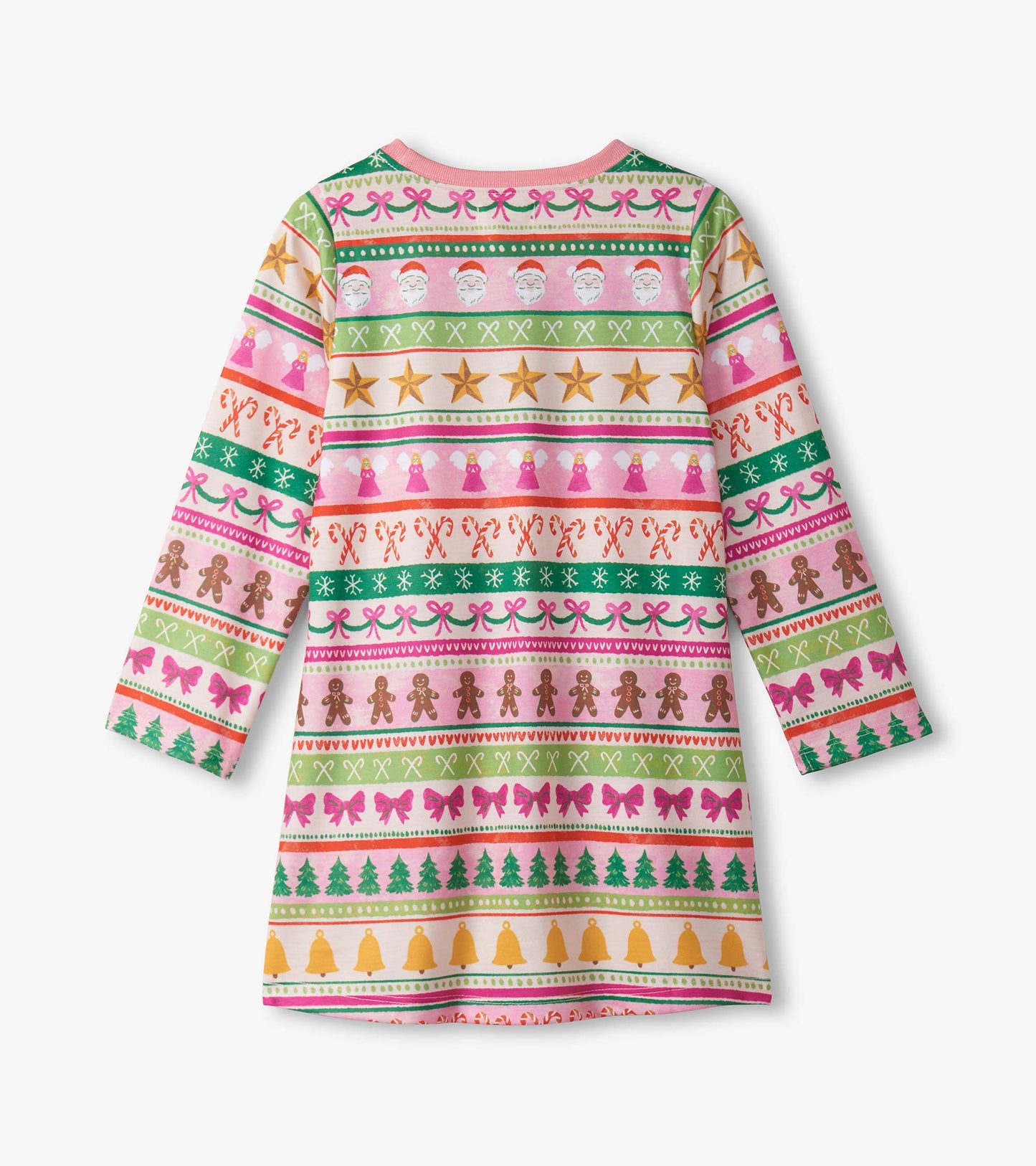 Pink long sleeve nightdress featuring a fun Fair Isle pattern with festive motifs like Santa, gingerbread, and bows.