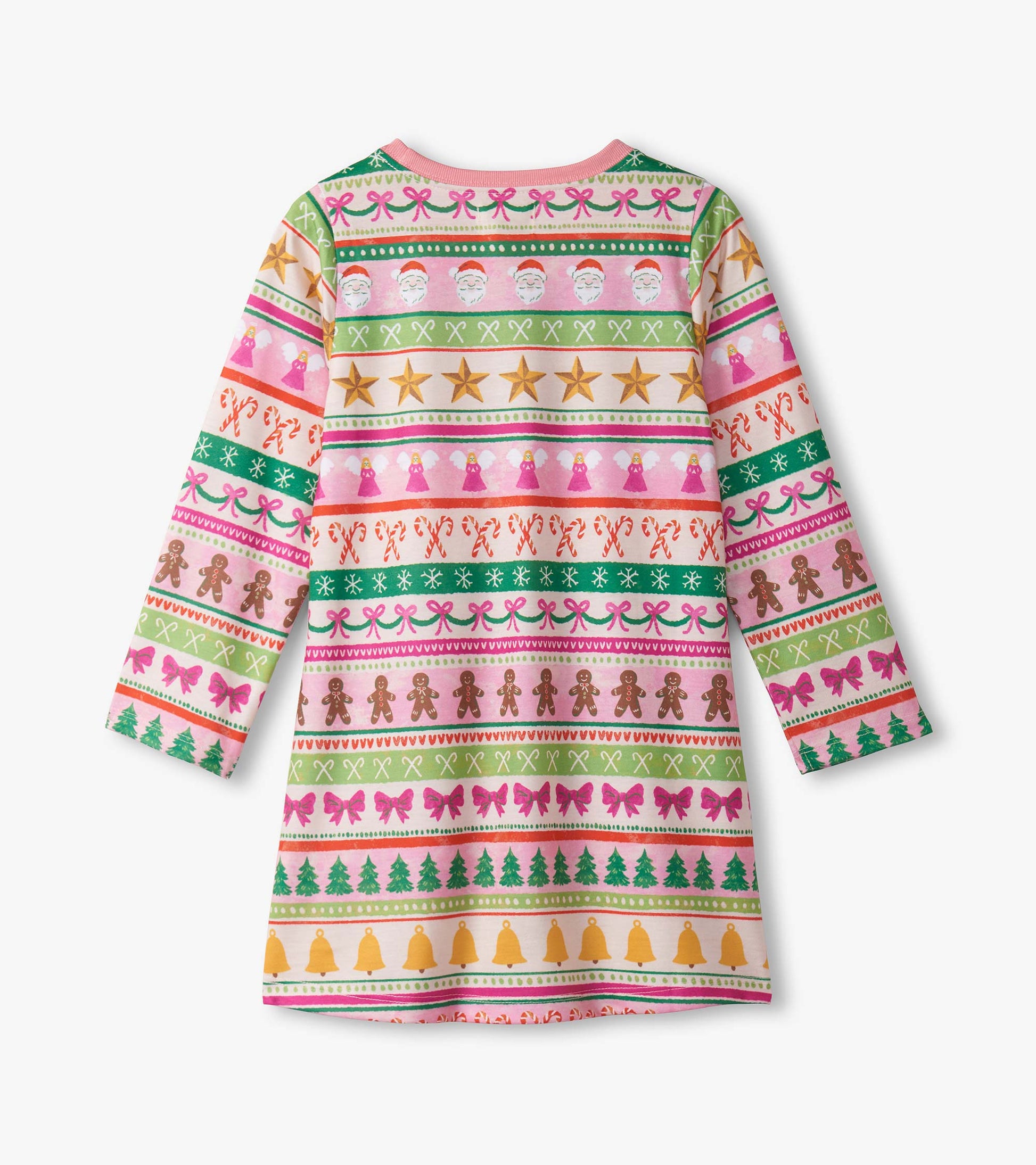 Pink long sleeve nightdress featuring a fun Fair Isle pattern with festive motifs like Santa, gingerbread, and bows.
