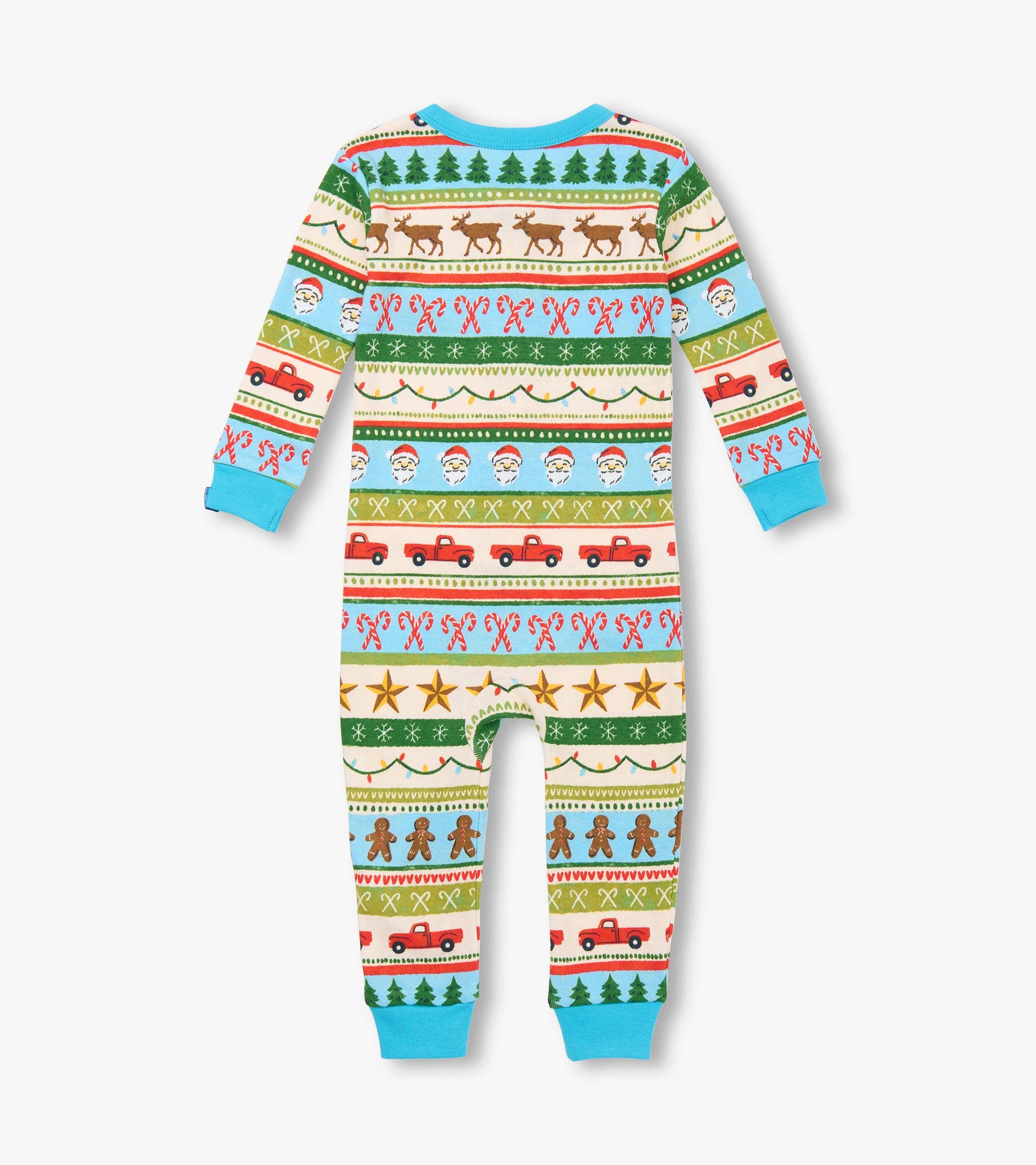 Blue cotton sleeper featuring a fun Fair Isle pattern with festive motifs like reindeer, trees, and trucks.