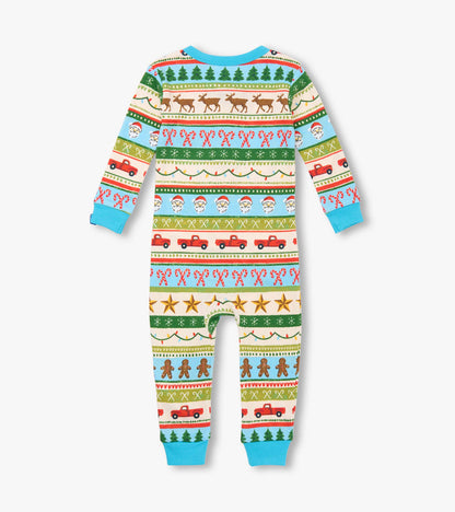 Blue cotton sleeper featuring a fun Fair Isle pattern with festive motifs like reindeer, trees, and trucks.