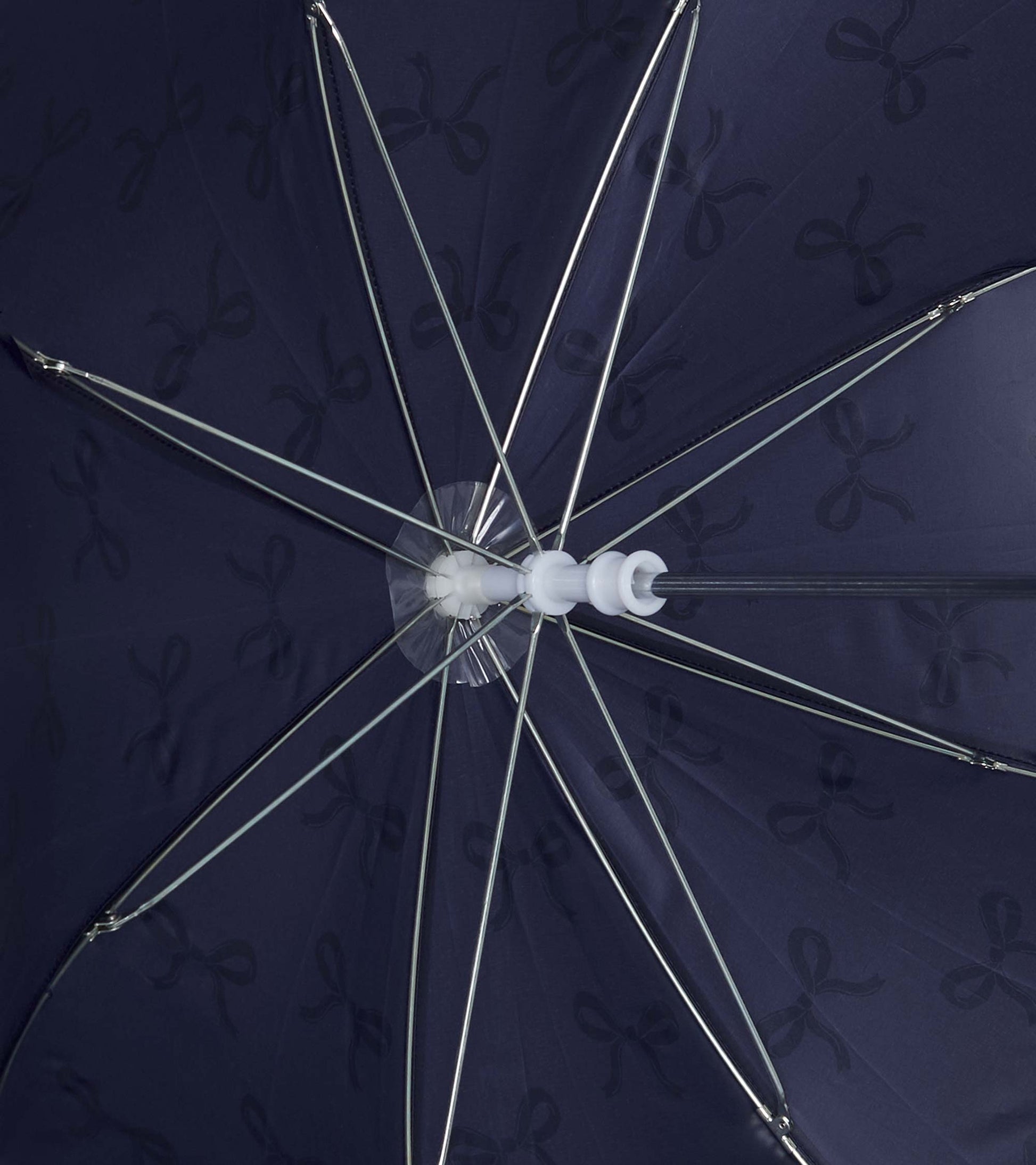 Navy umbrella featuring a silver ribbon pattern, showcasing the interior structure and spokes.