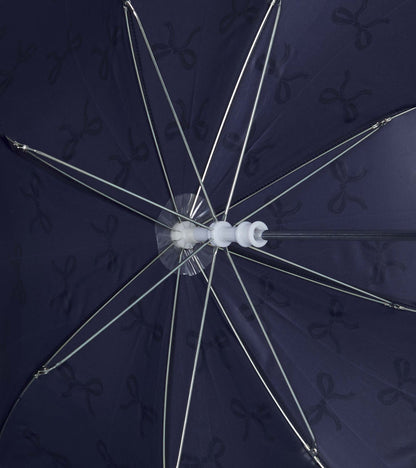 Navy umbrella featuring a silver ribbon pattern, showcasing the interior structure and spokes.