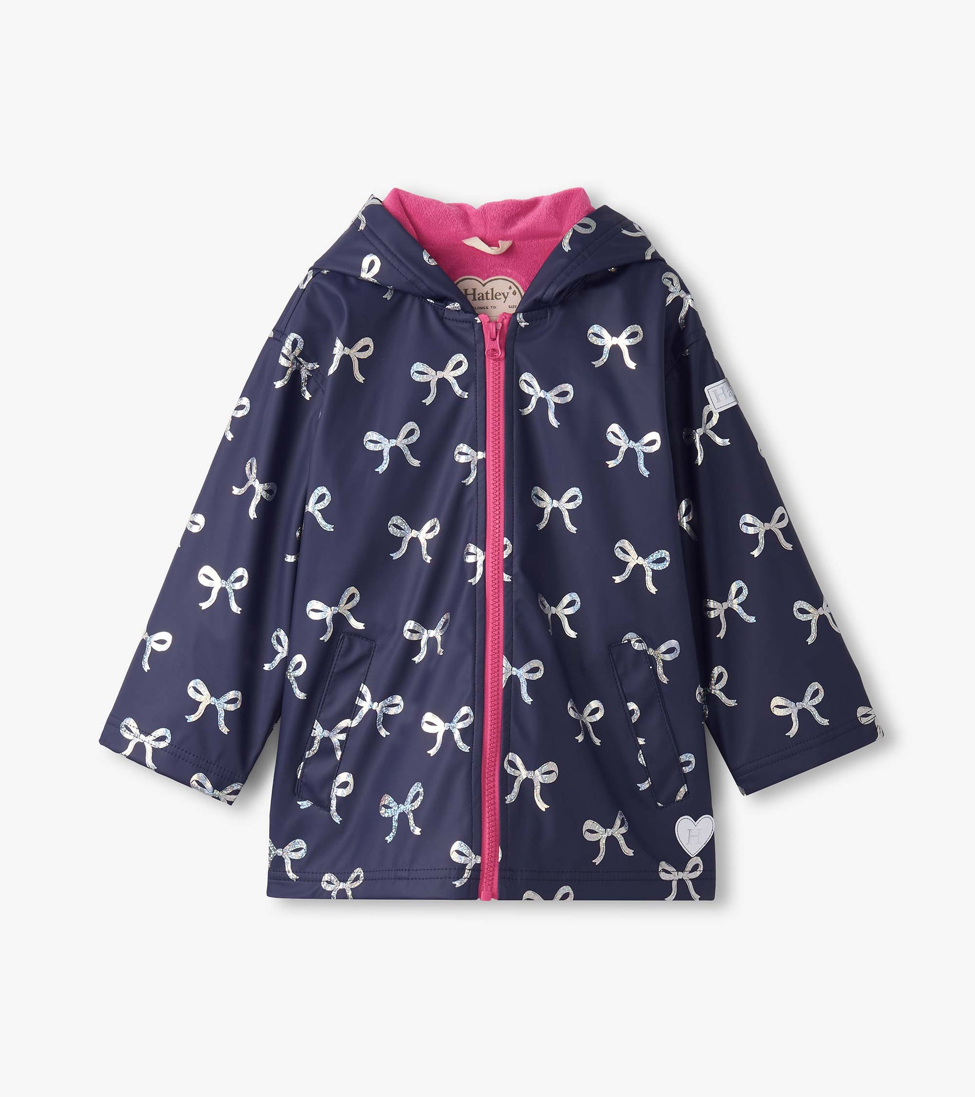 Navy rain jacket with silver ribbon pattern, pink lining, zip-up front, and hood. Features side pockets.