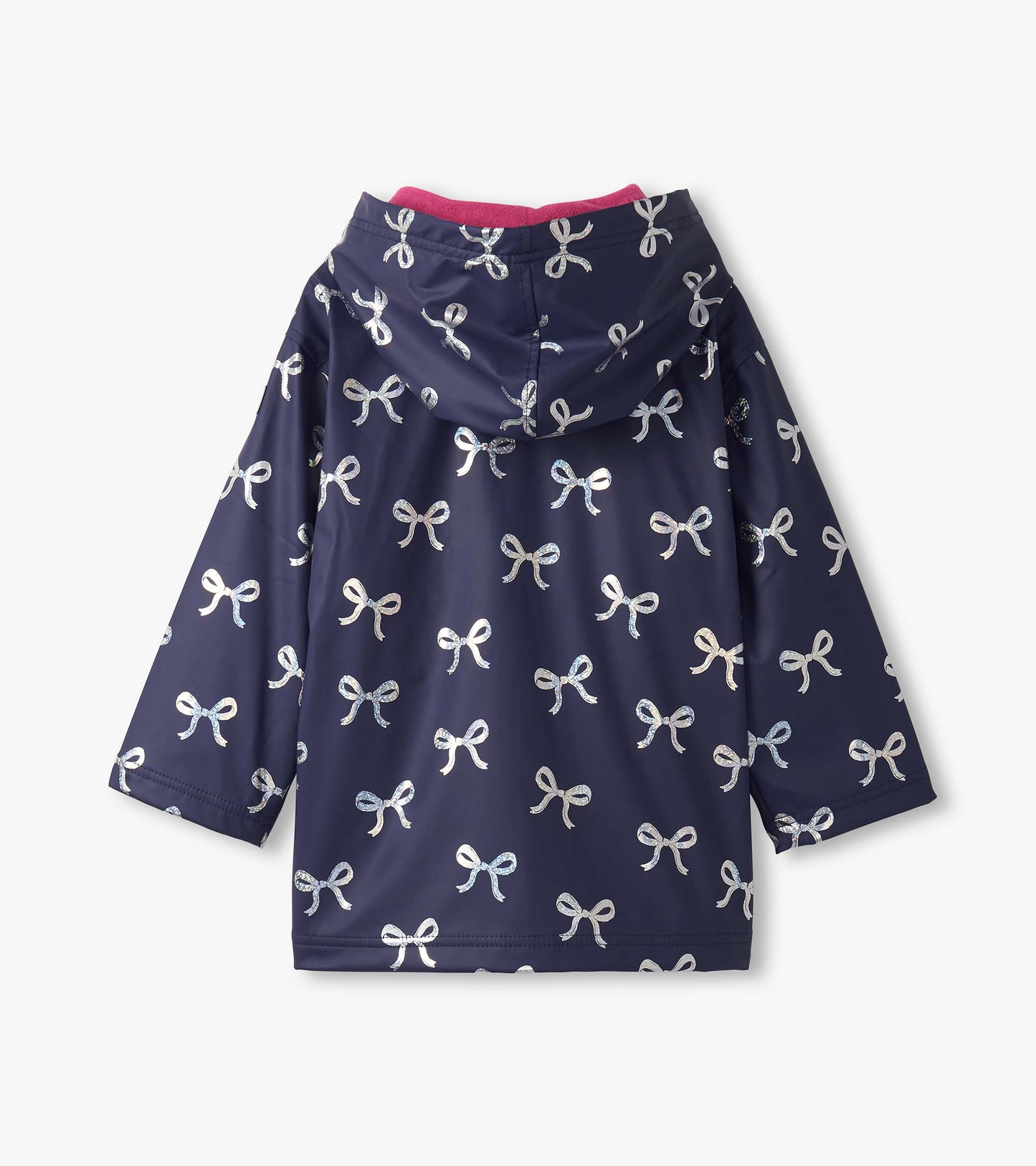 Navy rain jacket featuring a pattern of shiny silver bows, with a pink-lined hood and long sleeves.