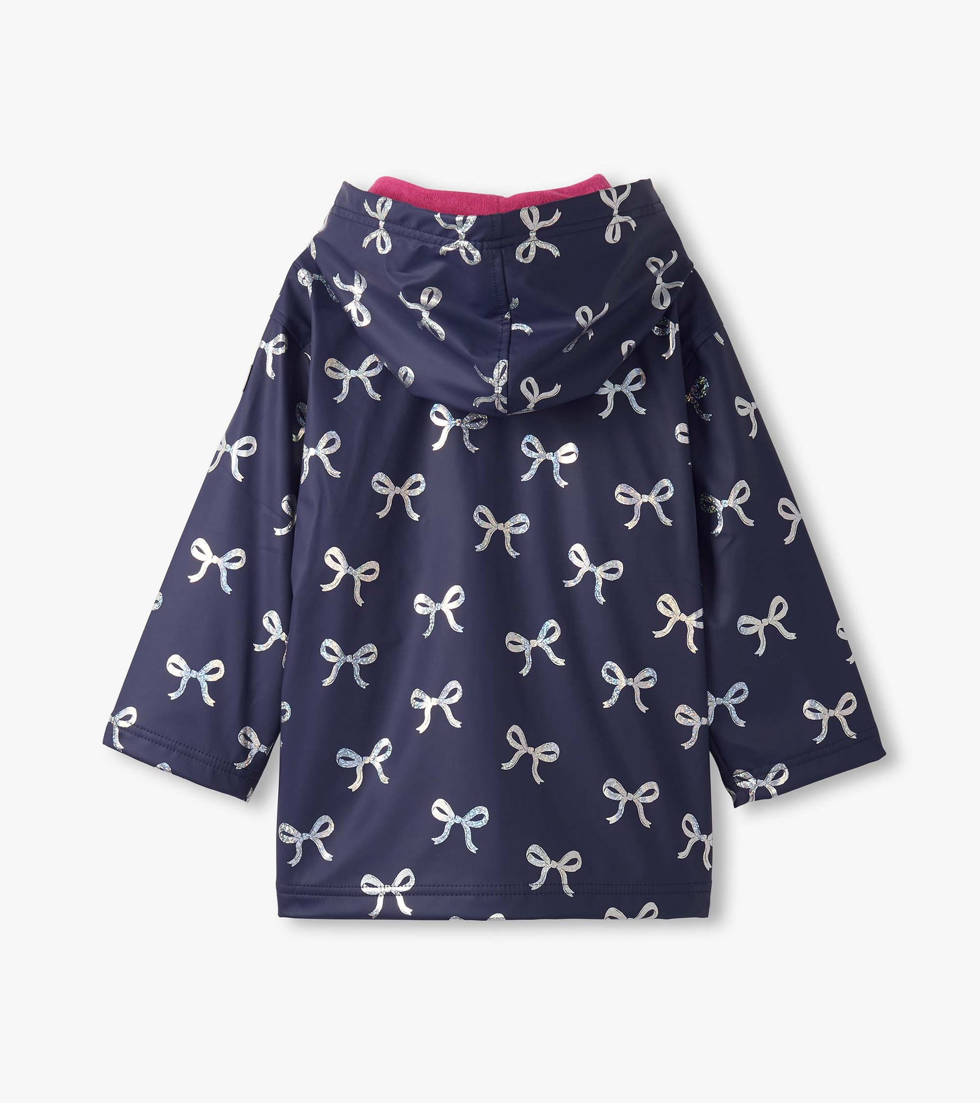 Navy rain jacket featuring a pattern of shiny silver bows, with a pink-lined hood and long sleeves.