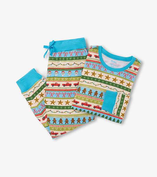 Blue Fair Isle cotton pajama set featuring festive patterns, including gingerbread men and holiday motifs, in a relaxed fit.