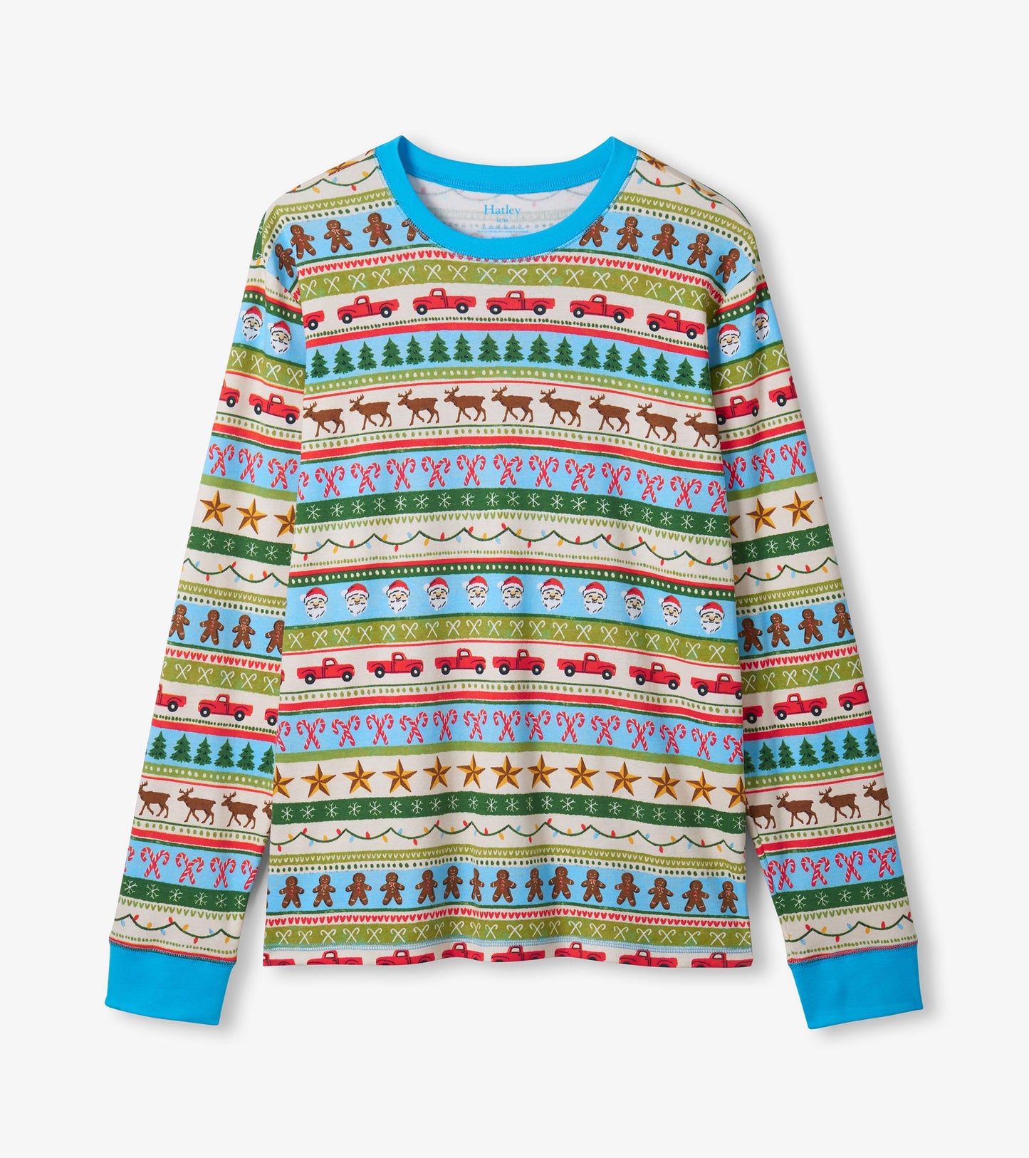 Men's long-sleeve pajama top in blue with a festive Fair Isle pattern featuring reindeer, trees, and holiday motifs.