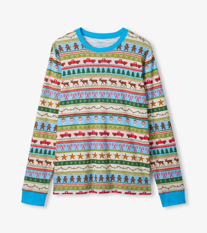 Men's long-sleeve pajama top in blue with a festive Fair Isle pattern featuring reindeer, trees, and holiday motifs.