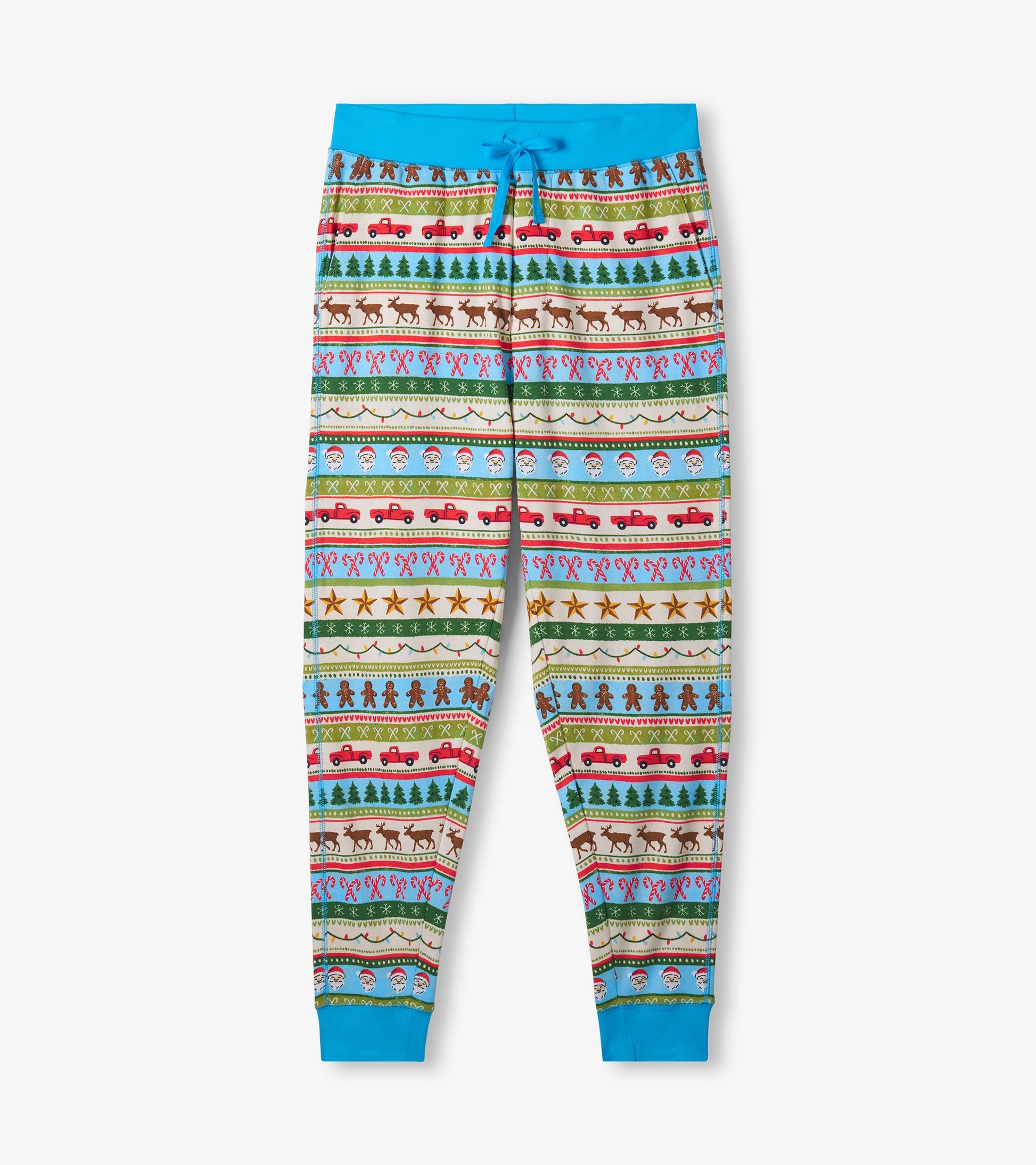 Men's blue pajama set featuring a colorful Fair Isle pattern with festive motifs, made from soft cotton.