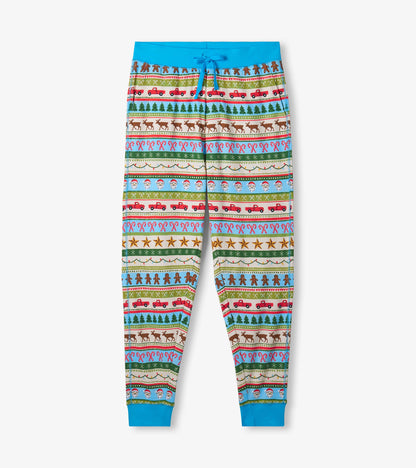 Men's blue pajama set featuring a colorful Fair Isle pattern with festive motifs, made from soft cotton.