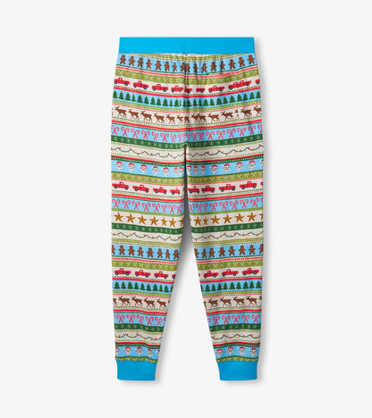 Men's cotton pajama set featuring a blue Fair Isle pattern with festive motifs in red, green, and brown.