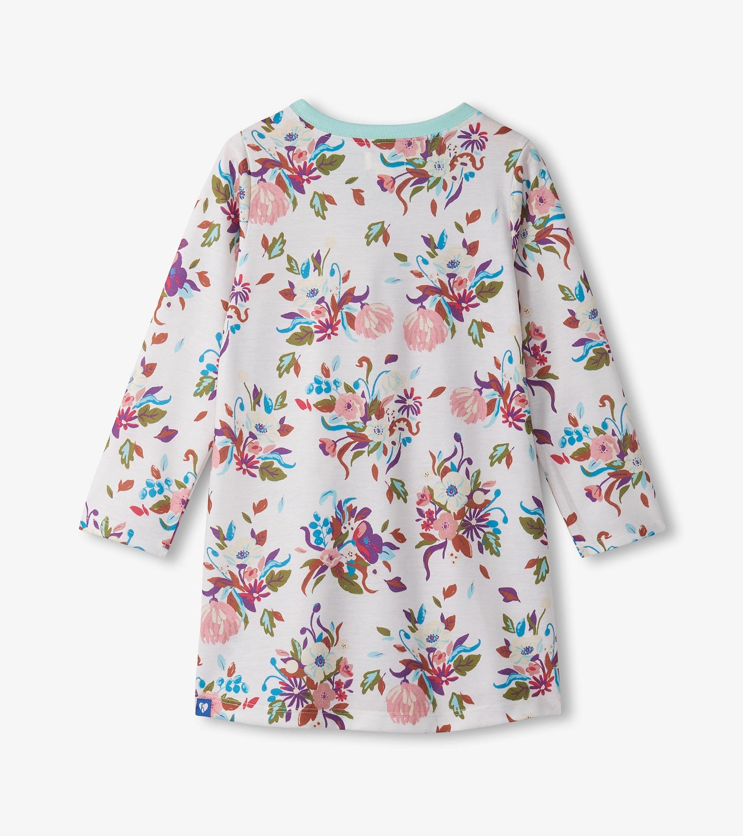 Long sleeve nightdress featuring a colorful floral pattern on a white background, with a light blue neckline.