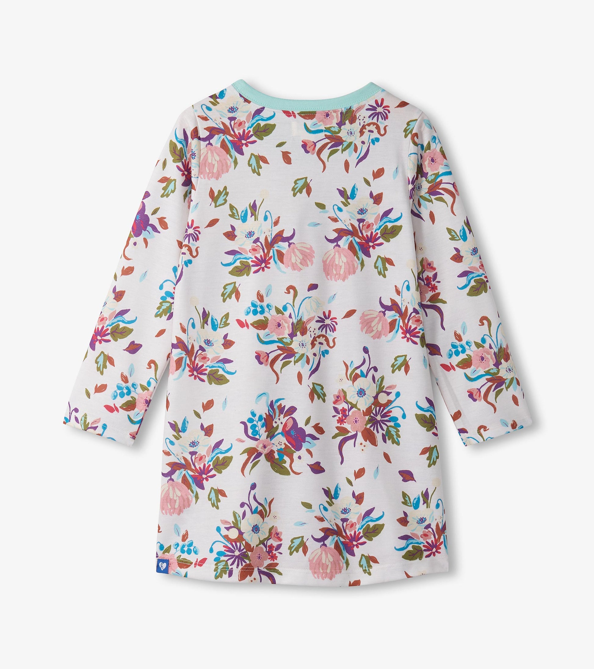 Long sleeve nightdress featuring a colorful floral pattern on a white background, with a light blue neckline.