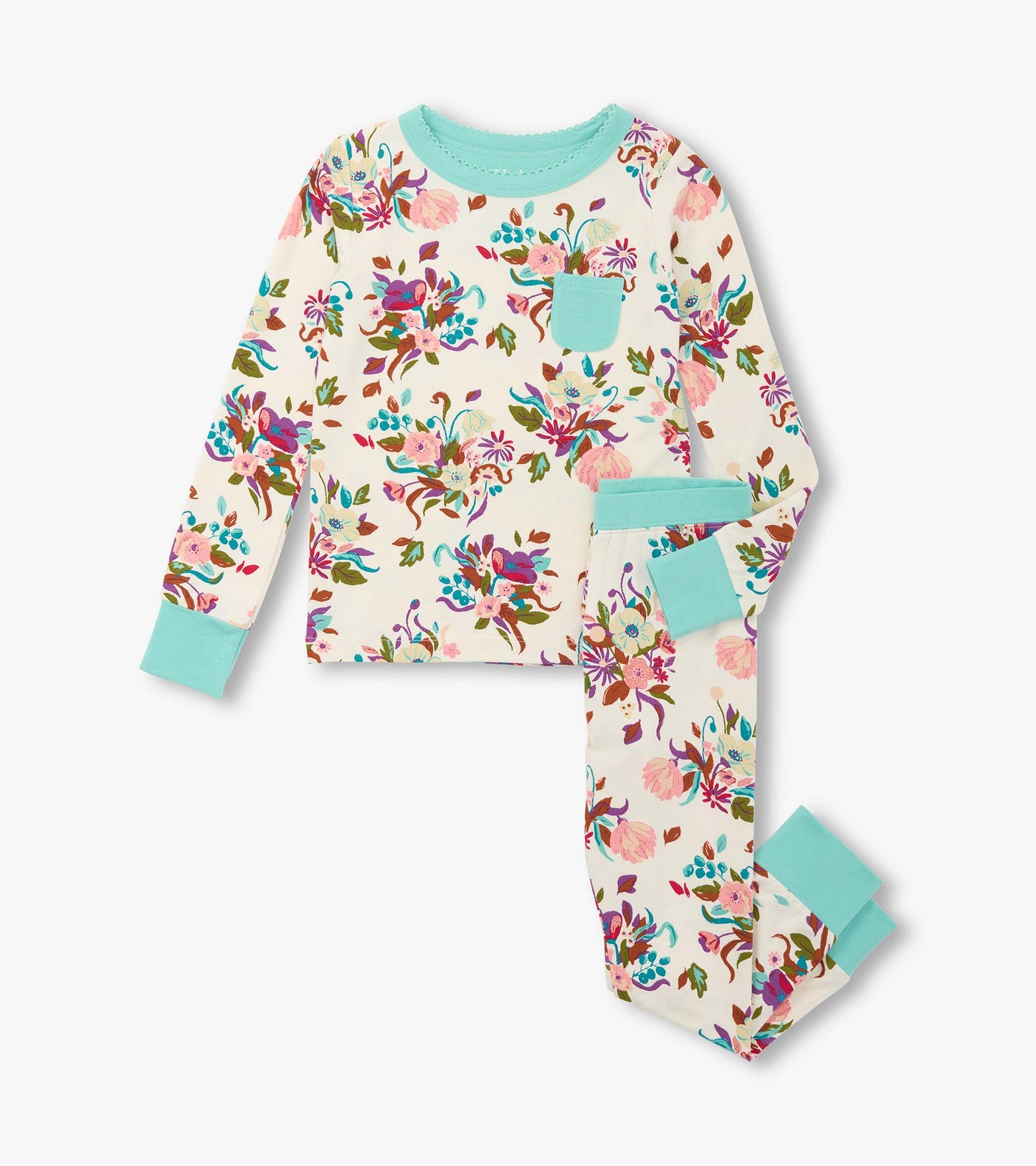 Floral-patterned bamboo pajama set in cream with turquoise accents, featuring a long-sleeve top and matching pants.