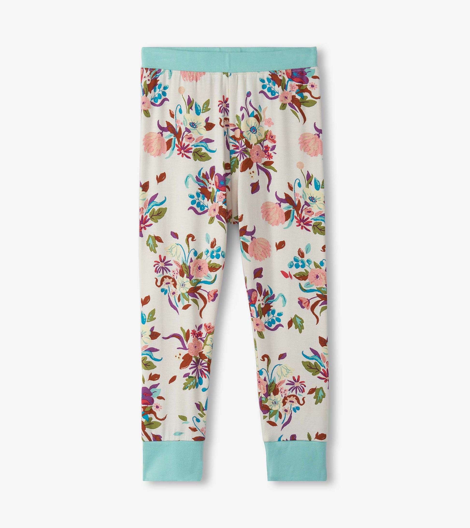 Floral-patterned bamboo pajama pants with a light blue waistband and cuffs, suitable for girls.