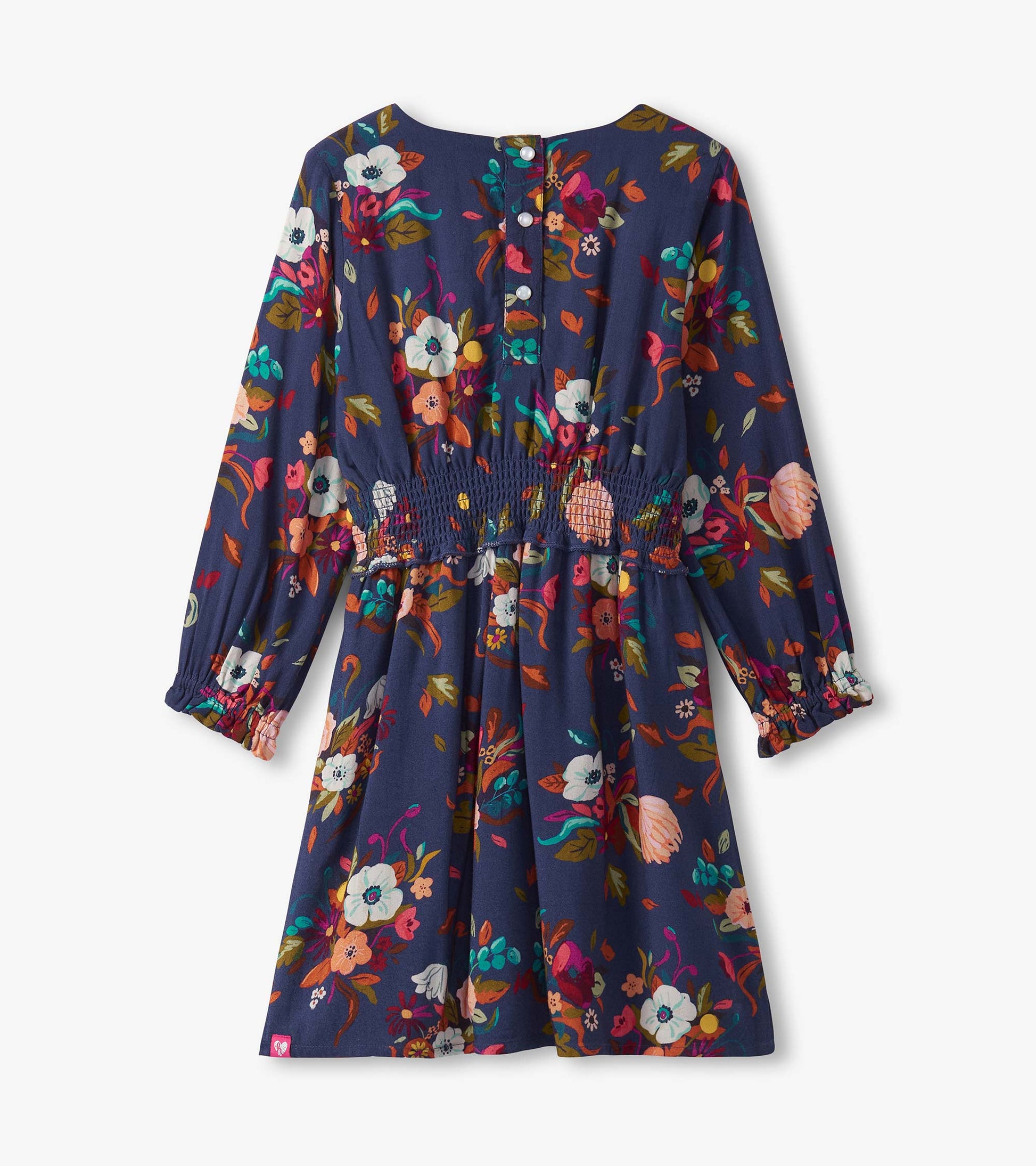 Navy blue floral dress with long sleeves, smocked waist, and a flared skirt, suitable for special events.