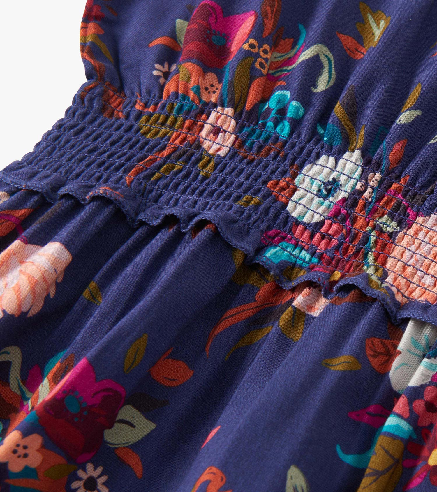 Navy dress featuring a colorful floral pattern with smocked bodice detail, ideal for special events.