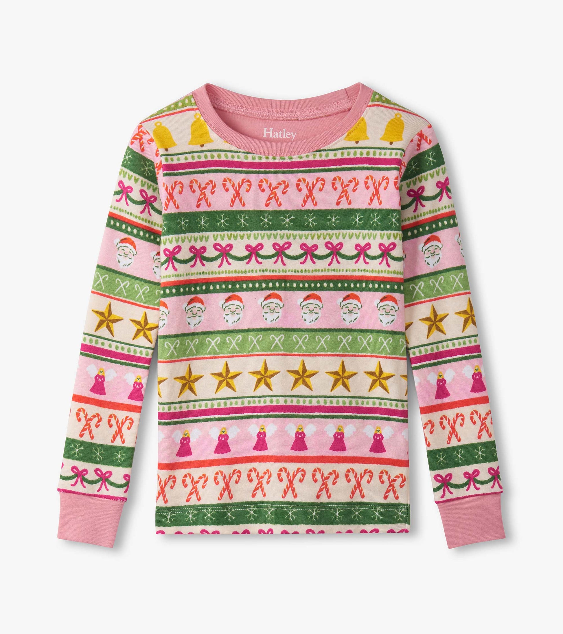 Pink long-sleeve pajama top featuring a colorful Fair Isle pattern with festive motifs like Santa, stars, and candy canes.