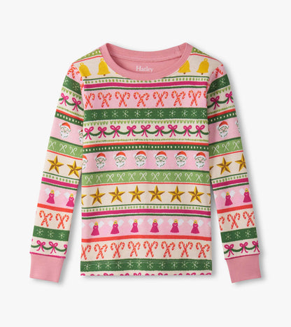 Pink long-sleeve pajama top featuring a colorful Fair Isle pattern with festive motifs like Santa, stars, and candy canes.