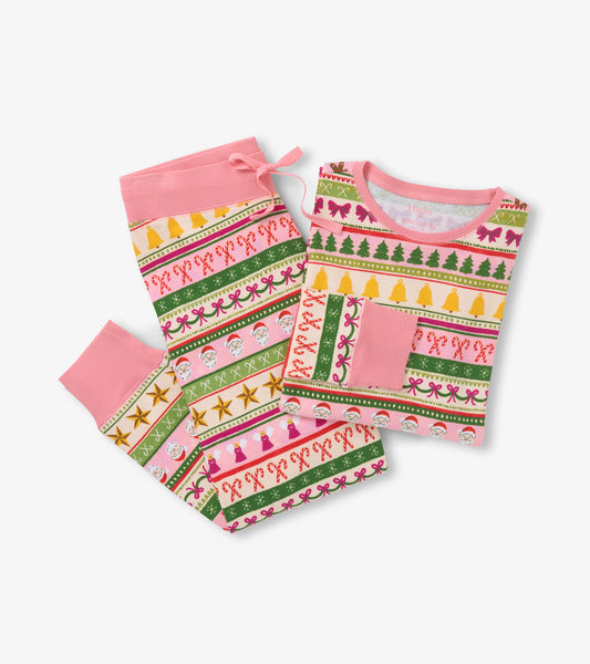 Pink cotton pajama set featuring a fun Fair Isle pattern with festive motifs, including candy canes and Christmas trees.
