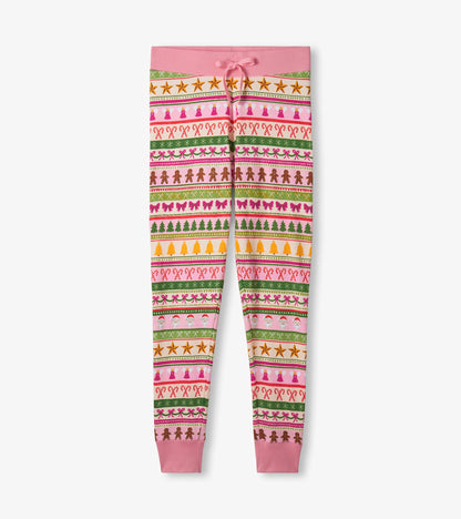 Pink cotton pajama set featuring a colorful Fair Isle pattern with festive motifs, ideal for cozy sleepwear.
