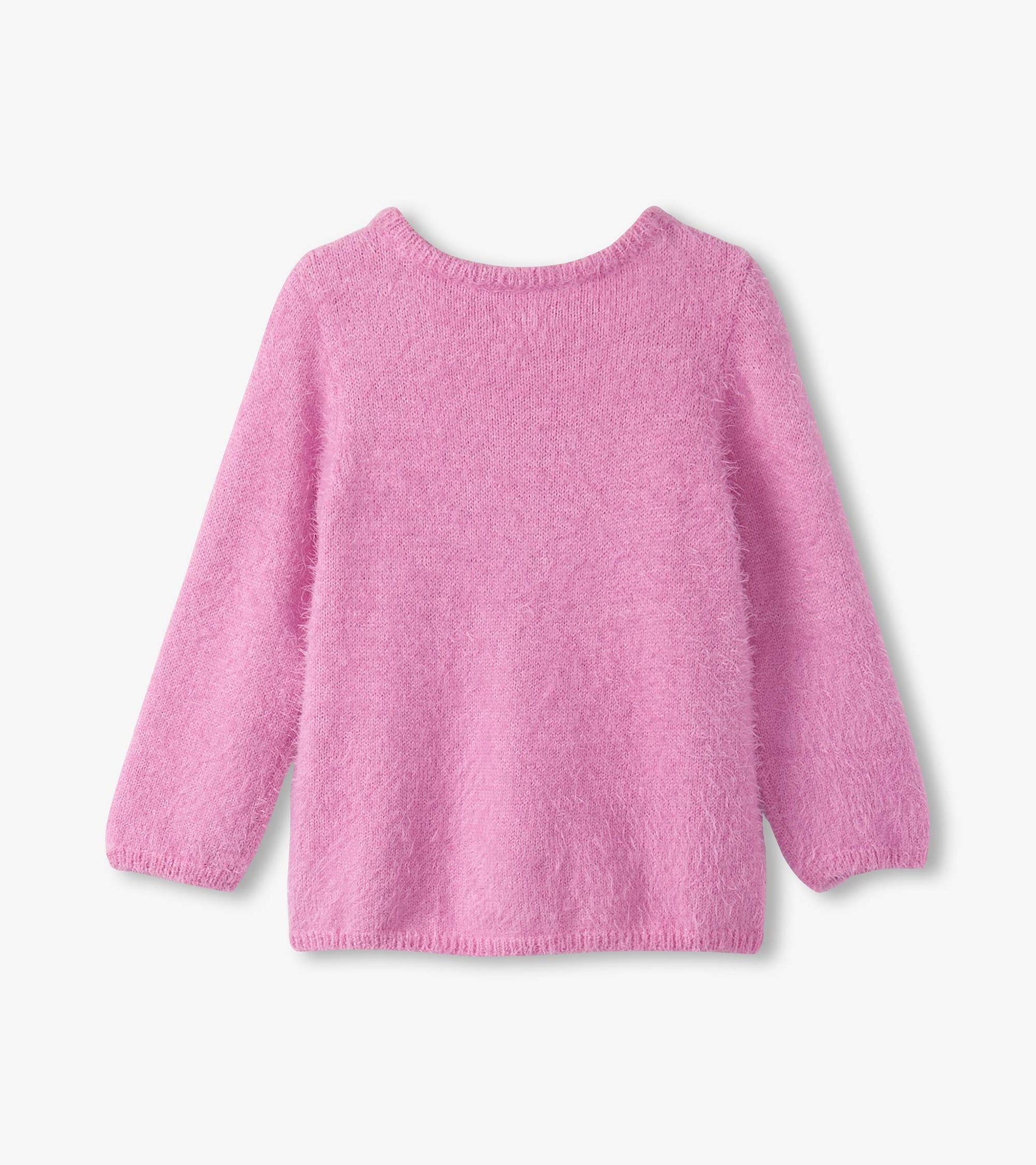 Fuzzy pink sweater for girls with long sleeves and a round neckline, showcasing a soft, cozy texture.