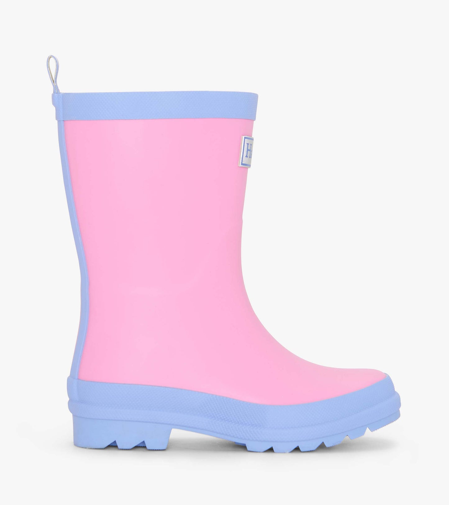 Fuchsia matte rain boots with a light blue trim and textured sole, designed for girls. Side view displayed.