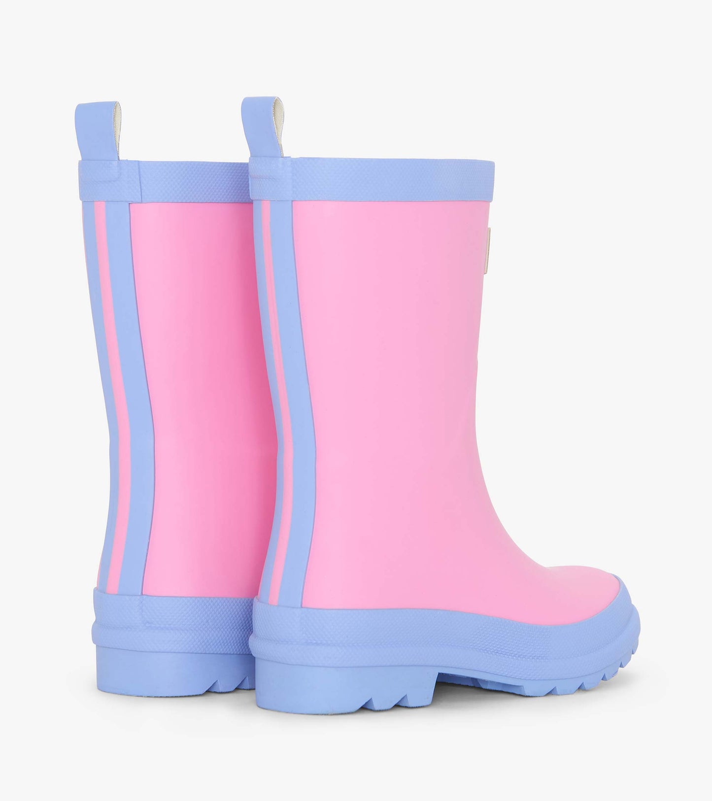 Fuchsia matte rain boots with blue accents and textured soles, designed for toddlers and kids.