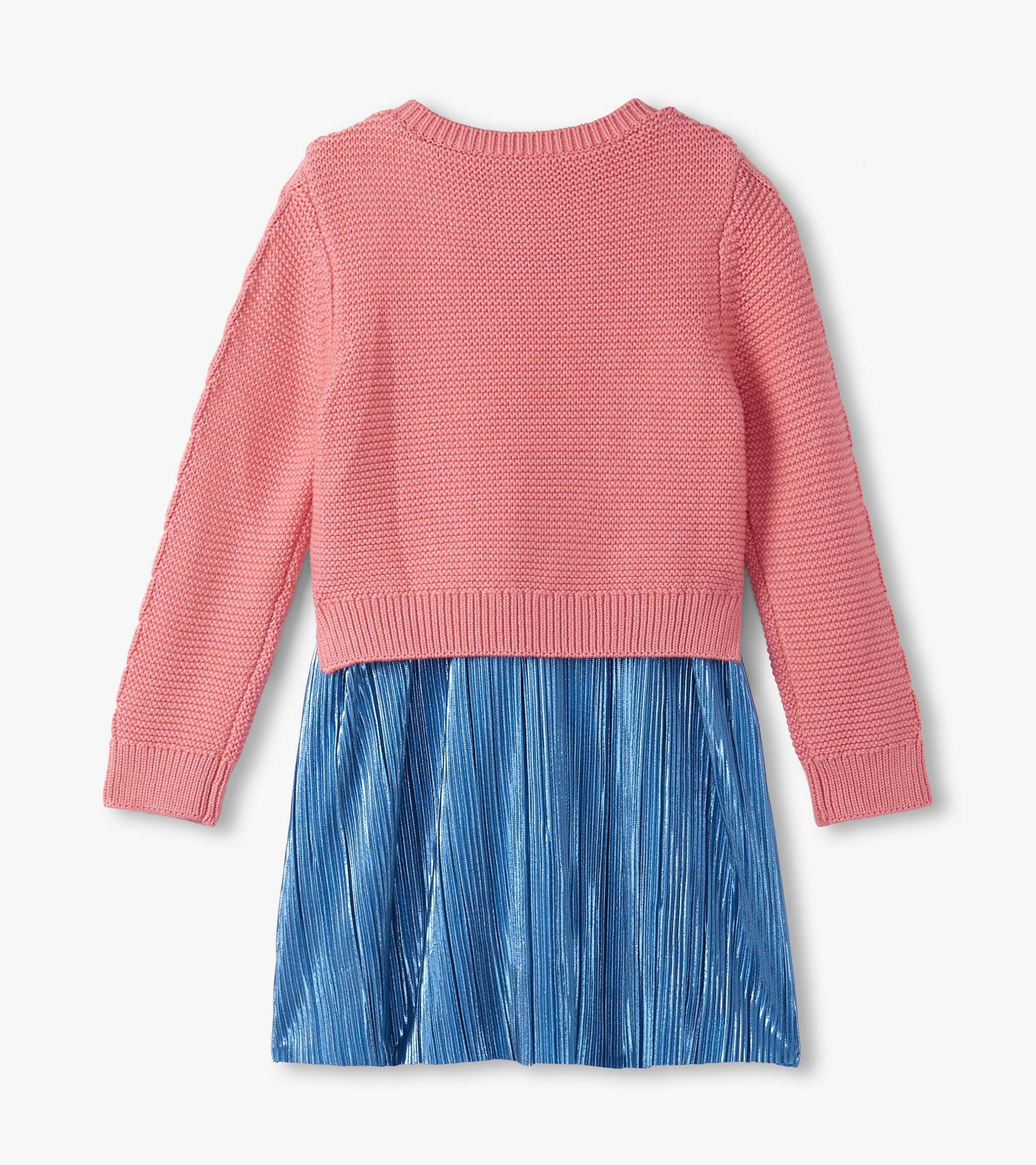 Flamingo pink knit top with long sleeves, paired with a blue pleated skirt. Back view of a mixed media dress.