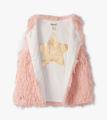 Pale pink faux fur vest with a soft texture and a gold star detail on the inner lining.