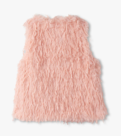 Pale pink faux fur vest with a fluffy texture, designed for girls, featuring a sleeveless style.