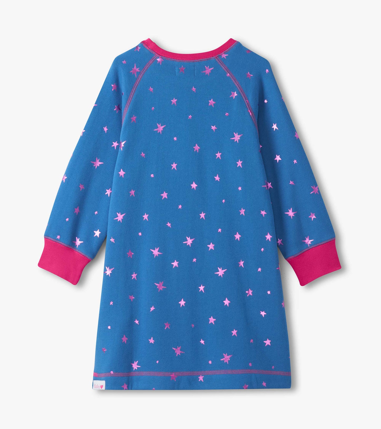 Blue sweater dress featuring pink foil star pattern and pink cuffs, designed for girls.