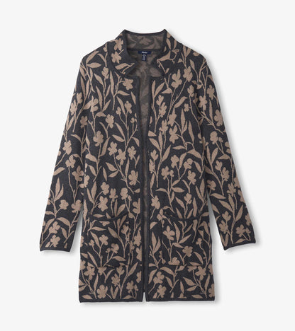 Floral vine-patterned sweater blazer in dark navy with beige flowers and two front pockets.