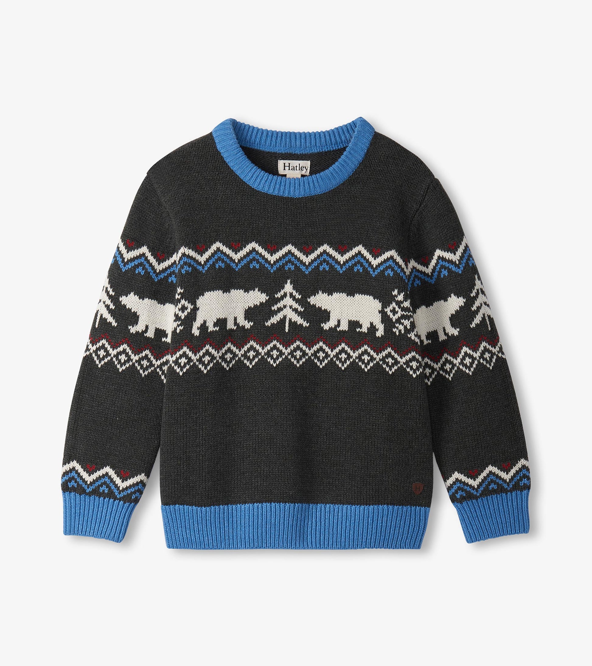 Black crew neck sweater featuring white bears and trees, with blue and red patterned accents. Suitable for winter wear.