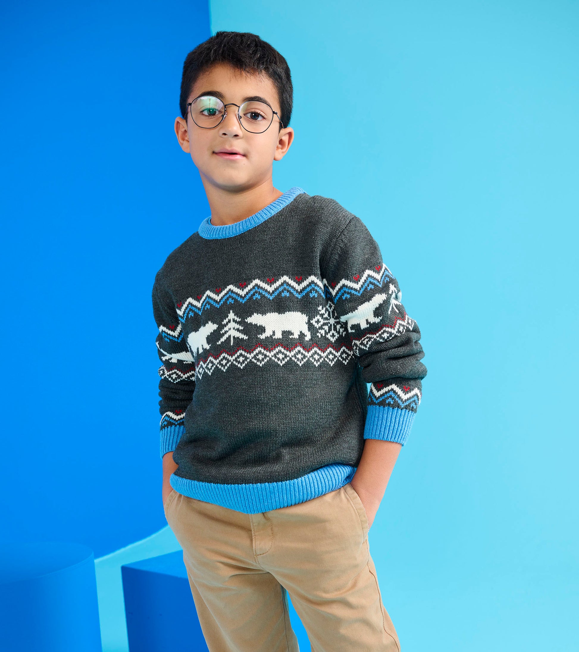 Gray crew neck sweater featuring a winter-themed pattern with polar bears and trees, paired with light blue accents.