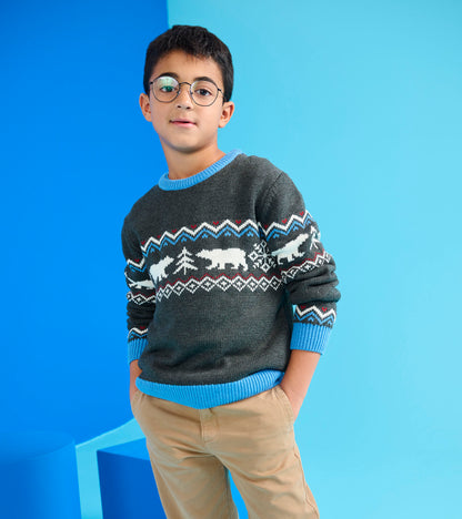 Gray crew neck sweater featuring a winter-themed pattern with polar bears and trees, paired with light blue accents.