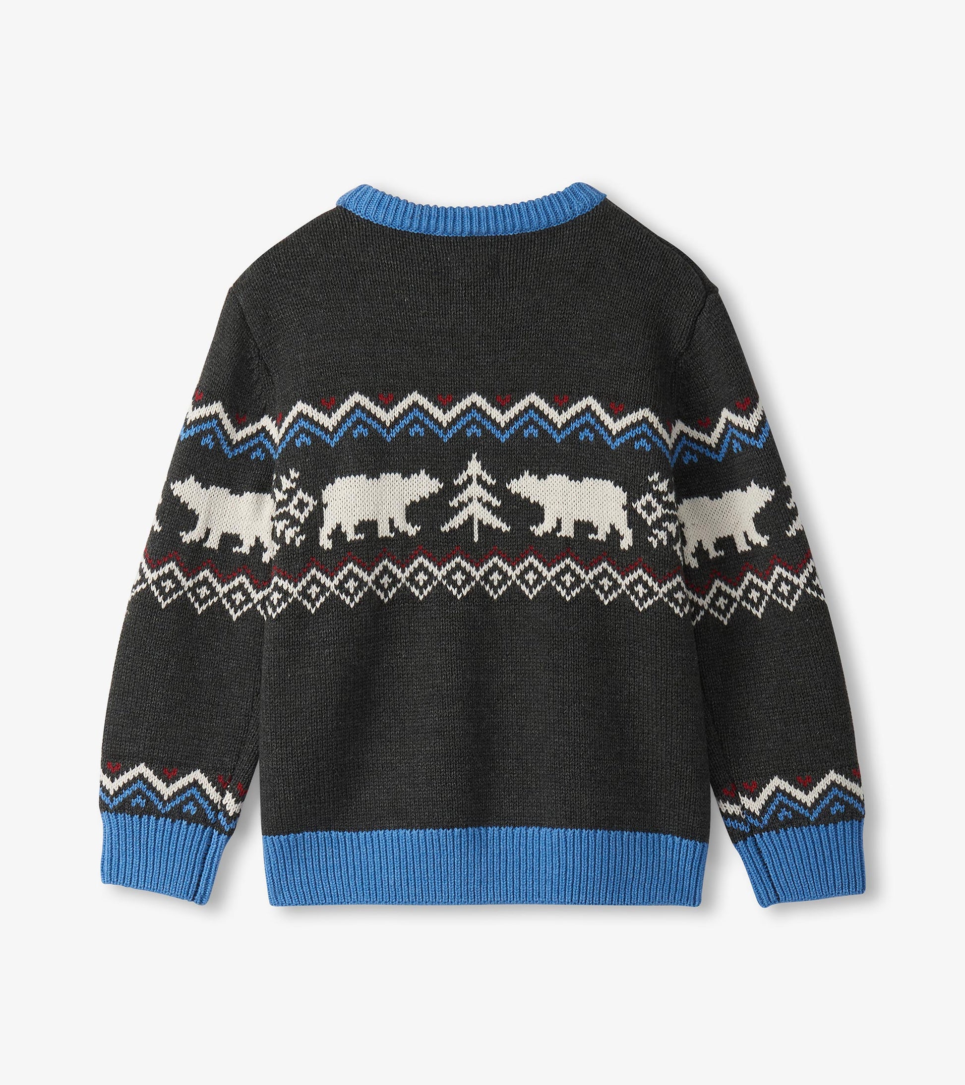 Black crew neck sweater featuring a winter pattern with bears and trees, accented with blue ribbed cuffs and neckline.
