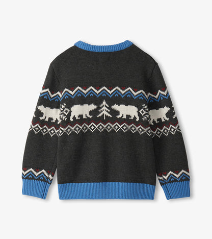 Black crew neck sweater featuring a winter pattern with bears and trees, accented with blue ribbed cuffs and neckline.