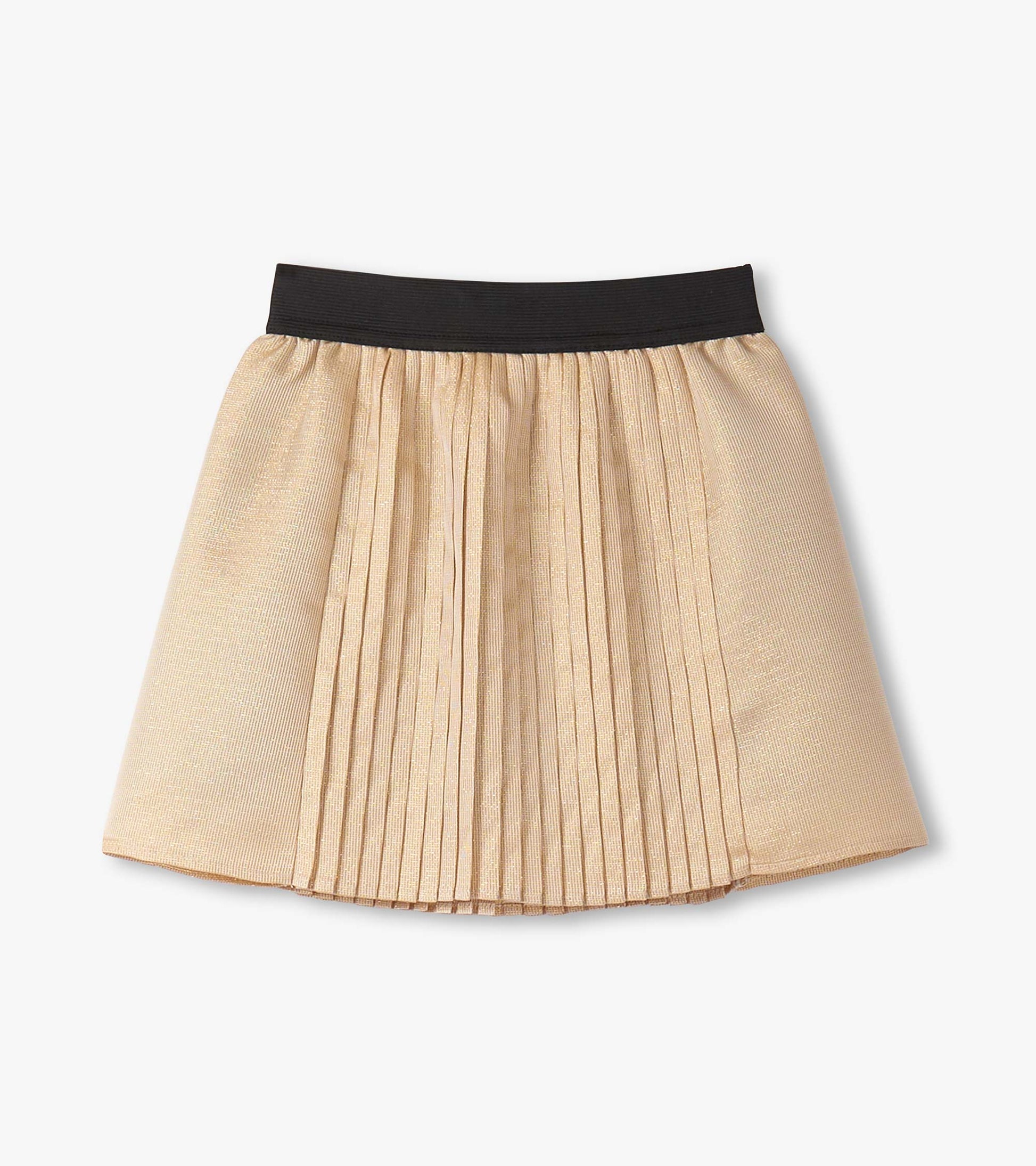 Gold pleated skirt with a black waistband, designed for girls, featuring a flared shape and shimmering fabric.