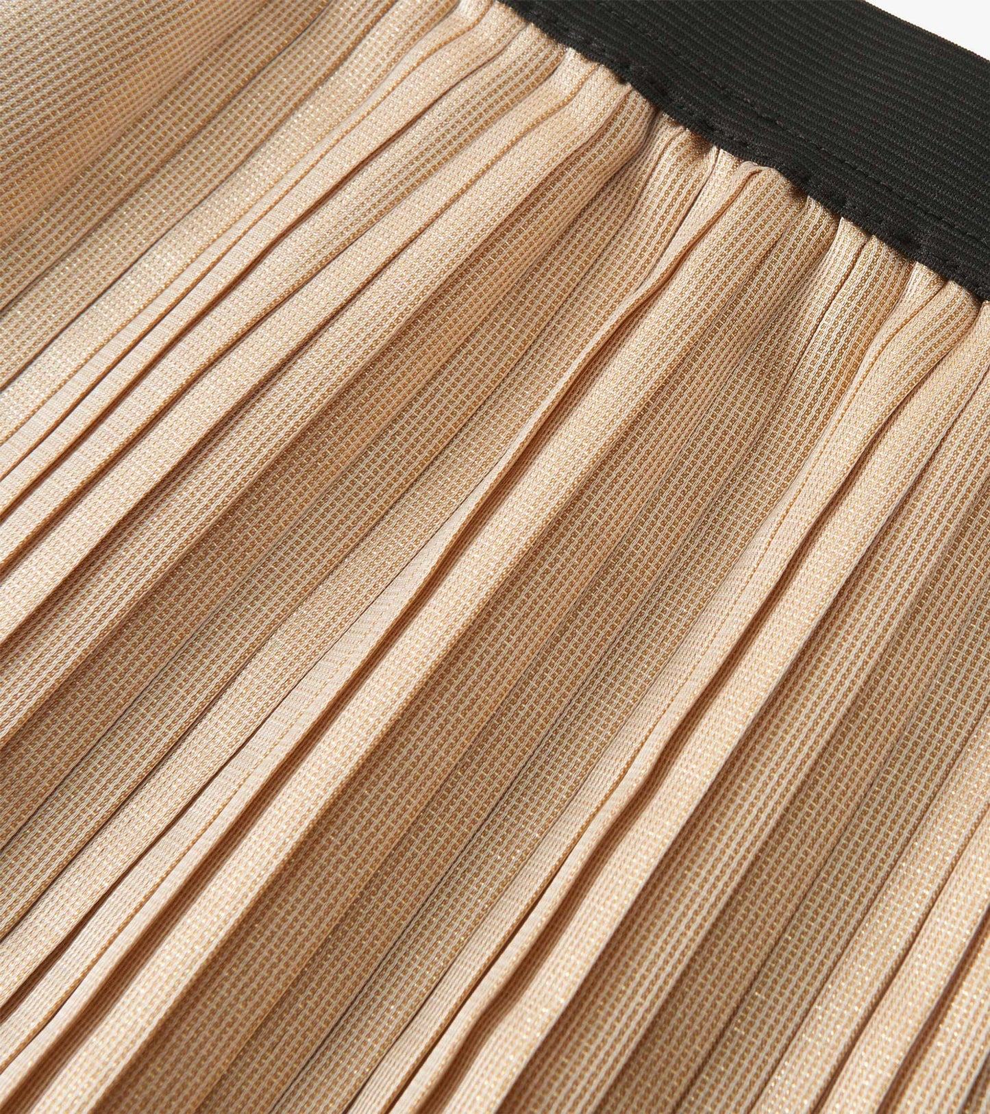Gold pleated skirt with a black elastic waistband, featuring a textured pattern and a flared silhouette.