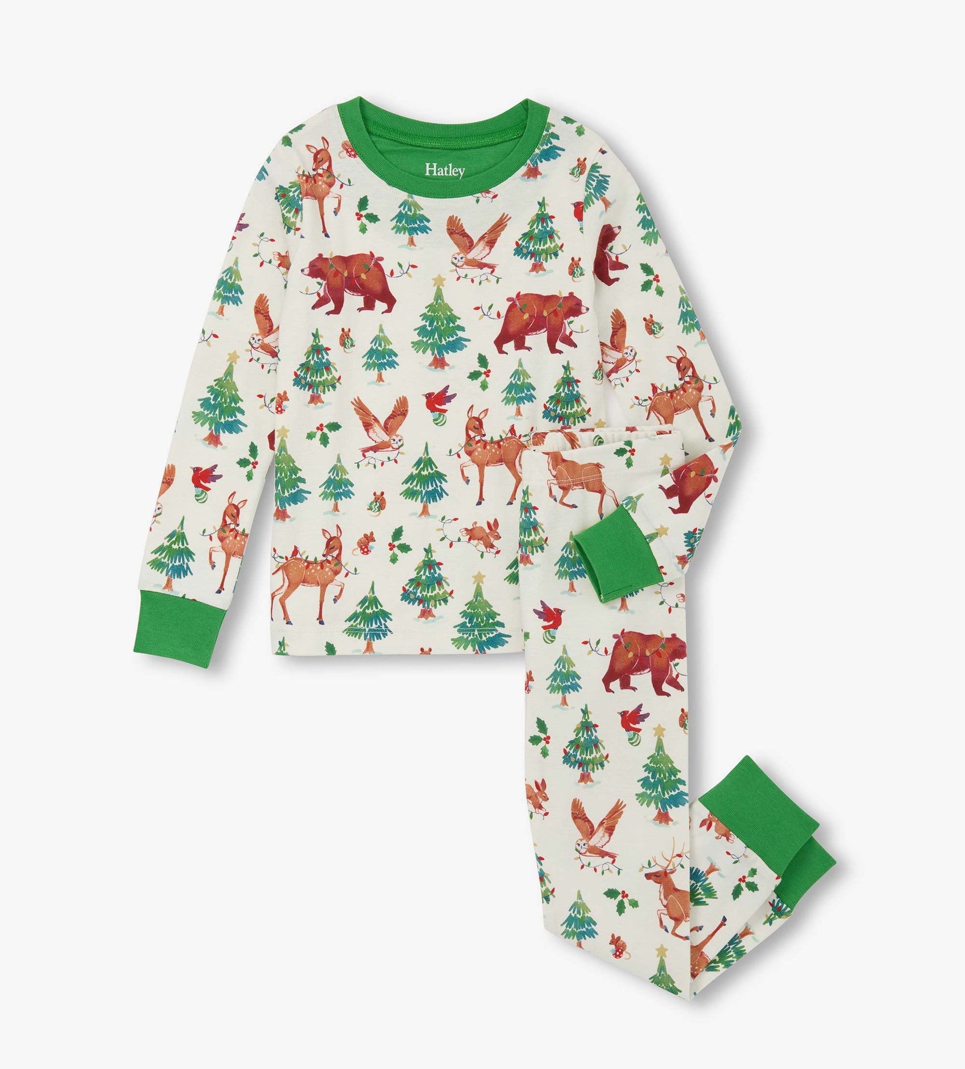 Cotton pajama set featuring a festive animal print with bears, deer, and trees, accented by green cuffs and neckline.