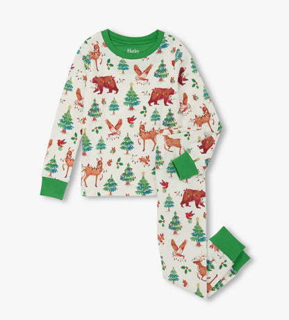 Cotton pajama set featuring a festive animal print with bears, deer, and trees, accented by green cuffs and neckline.