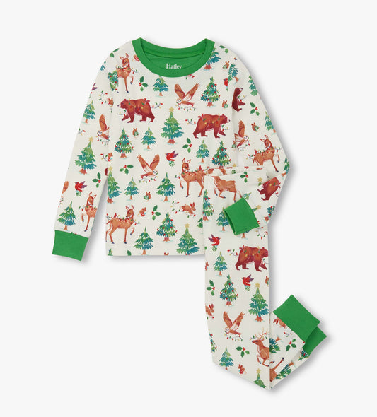Cotton pajama set featuring a festive animal print with bears, deer, and trees, accented by green cuffs and neckline.