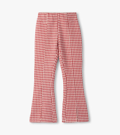 Red houndstooth bell bottom pants with a flared shape and elastic waistband, suitable for girls.