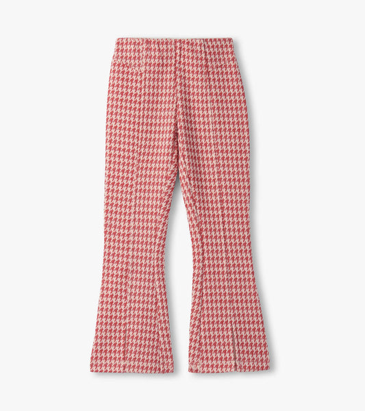 Red houndstooth bell bottom pants with a flared shape and elastic waistband, suitable for girls.