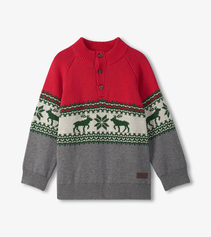 Red and gray mockneck sweater featuring elk and snowflake patterns, with three buttons at the collar.
