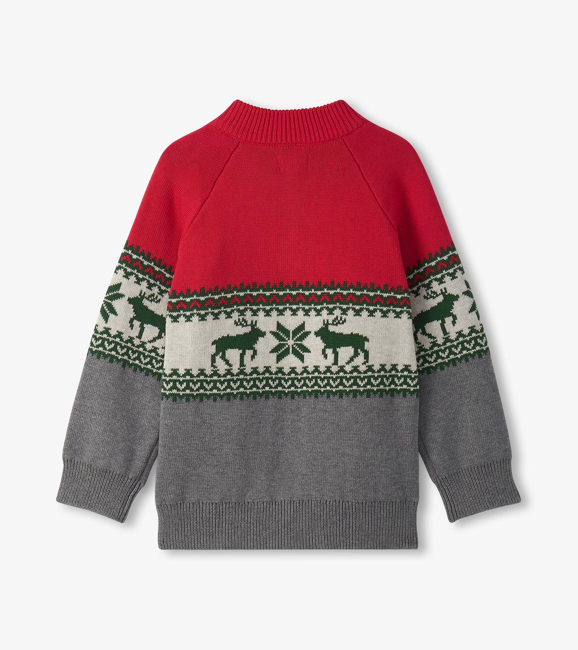 Red mockneck sweater with gray sleeves, featuring a festive elk pattern and snowflakes in green and white.