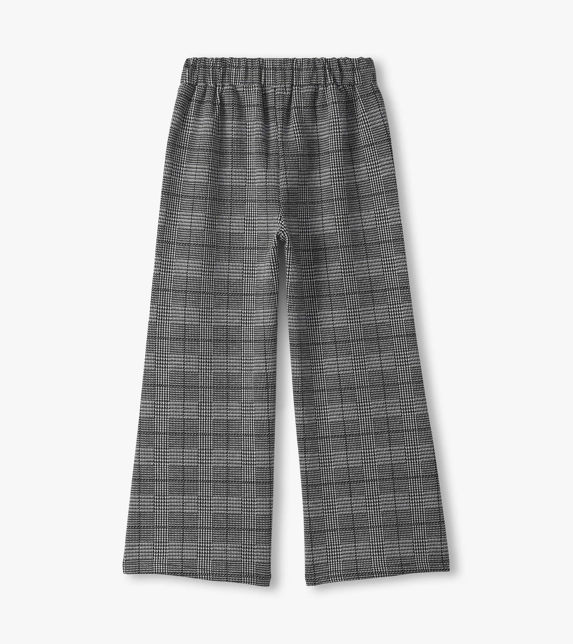 Black and white houndstooth plaid wide-leg pants with an elastic waistband, suitable for casual wear.